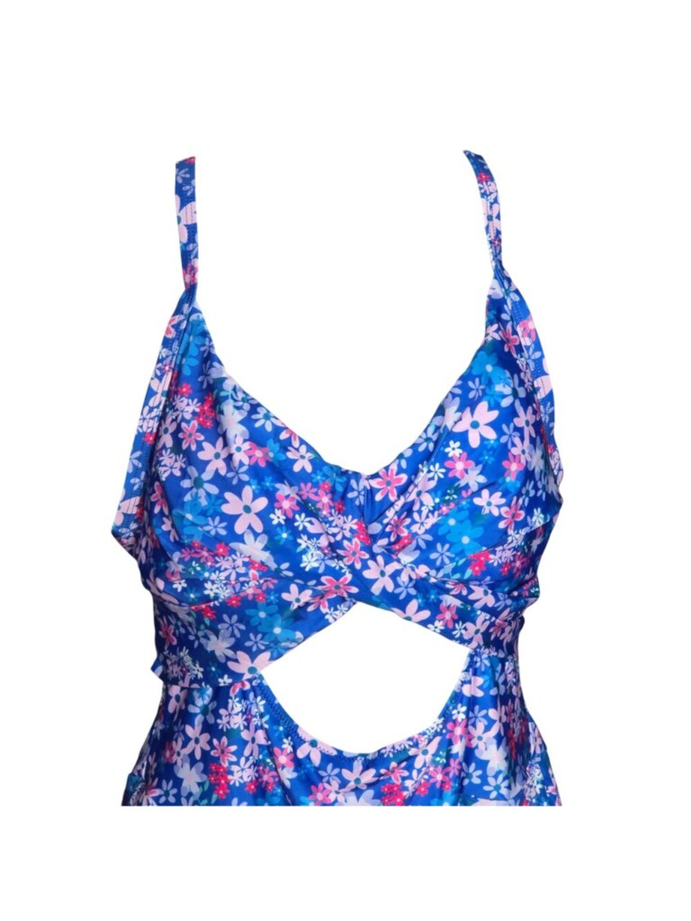 Plus Size Floral Cutout One Piece Swim Dress 2XL Blue Crisscross Straps Lined - Picture 2 of 9